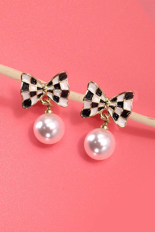 Evangeline Checkered Bow Pearl Dangle Earrings