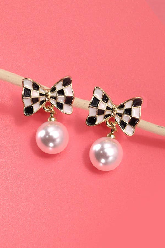 Evangeline Checkered Bow Pearl Dangle Earrings