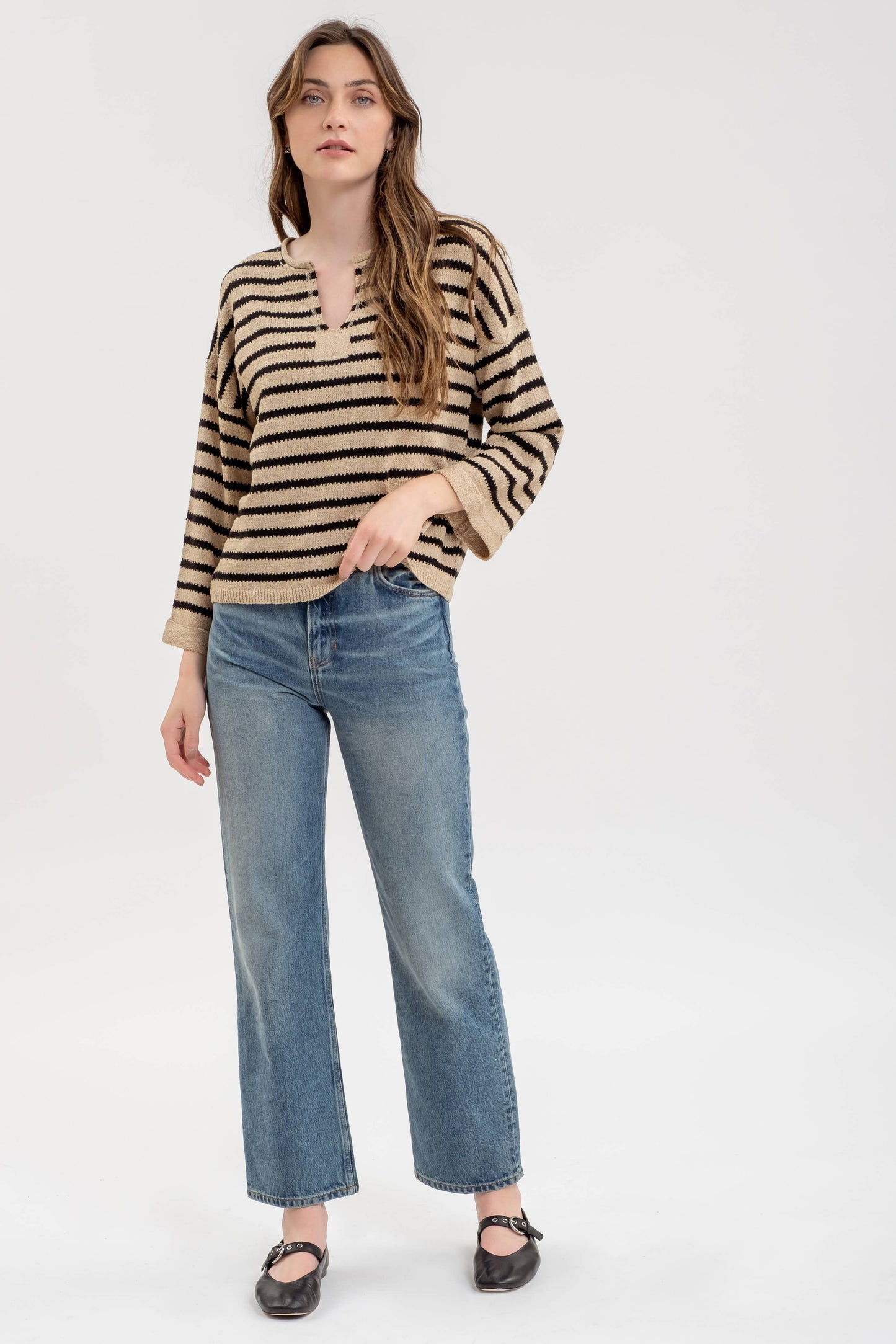 Versailles Striped Split Neckline Sweater