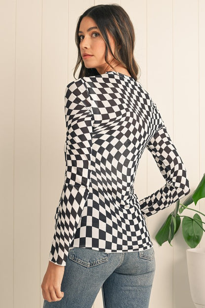 Sybil Abstract Checkered Mesh Black Top