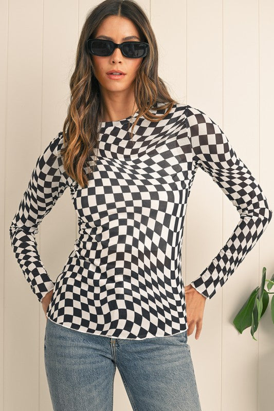 Sybil Abstract Checkered Mesh Black Top