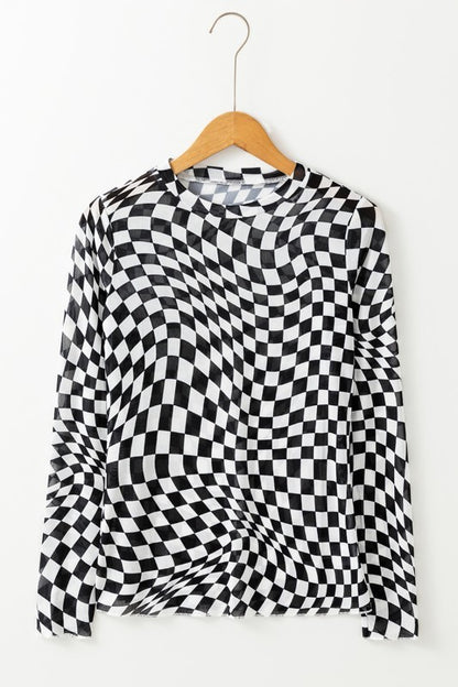 Sybil Abstract Checkered Mesh Black Top