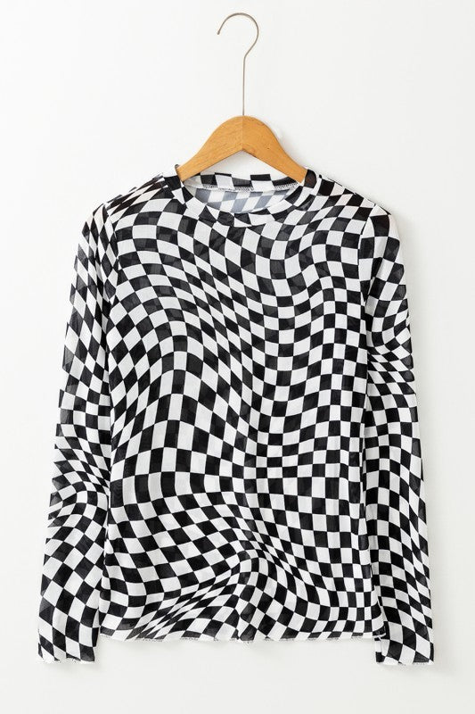 Sybil Abstract Checkered Mesh Black Top