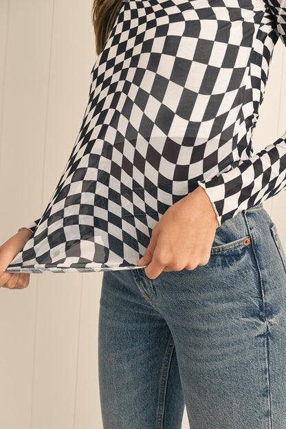 Sybil Abstract Checkered Mesh Black Top