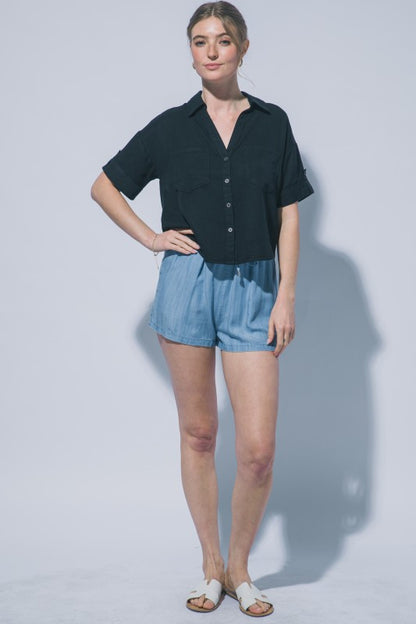 Morgan Cropped Black Tencel Buttondown