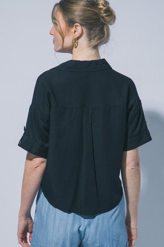 Morgan Cropped Black Tencel Buttondown