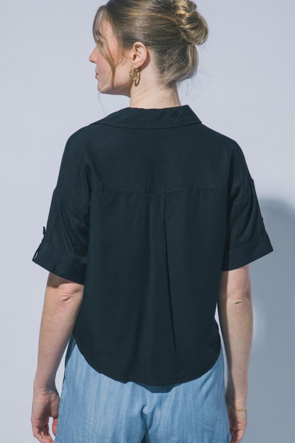 Morgan Cropped Black Tencel Buttondown