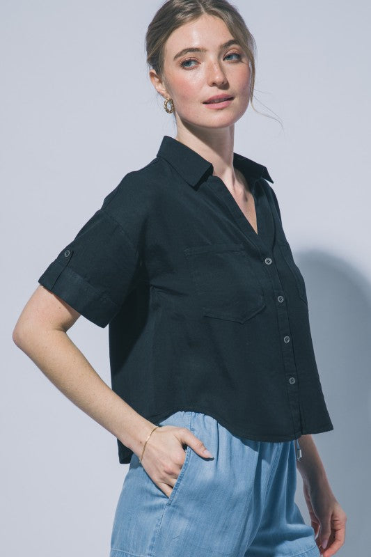 Morgan Cropped Black Tencel Buttondown