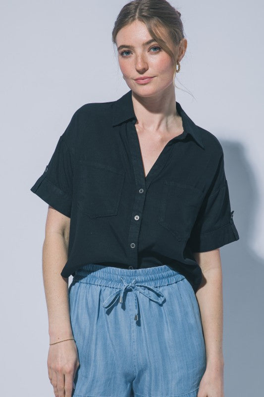 Morgan Cropped Black Tencel Buttondown