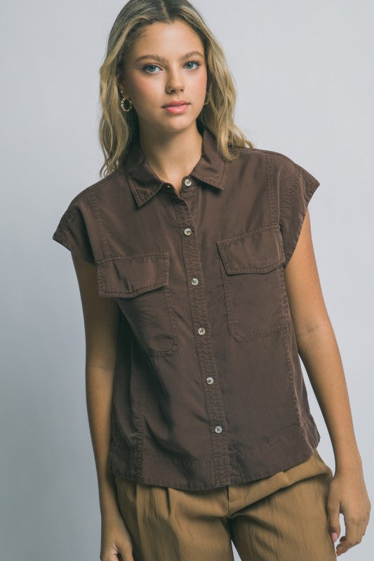 Bleu Tencel Capsleeve Buttondown Top