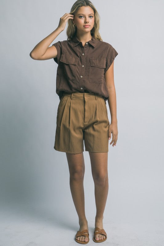 Bleu Tencel Capsleeve Buttondown Top