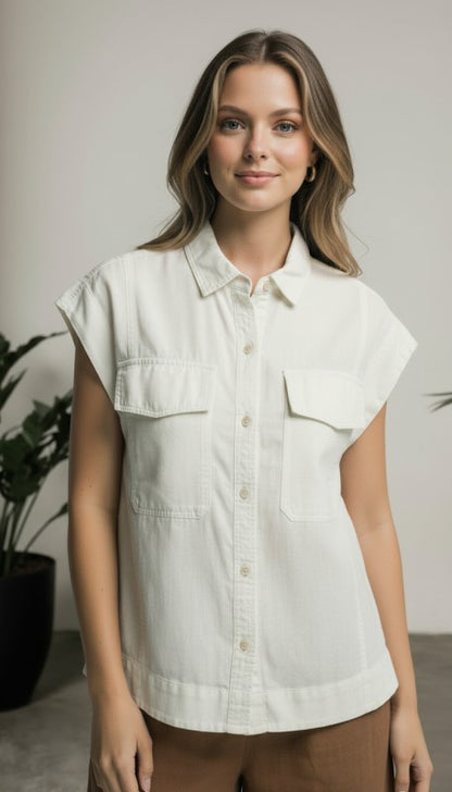 Bleu Tencel Capsleeve Buttondown Top