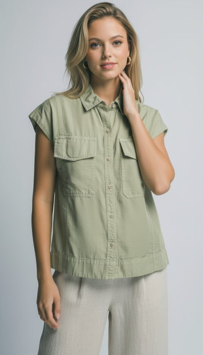 Bleu Tencel Capsleeve Buttondown Top