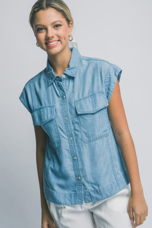 Bleu Tencel Capsleeve Buttondown Top