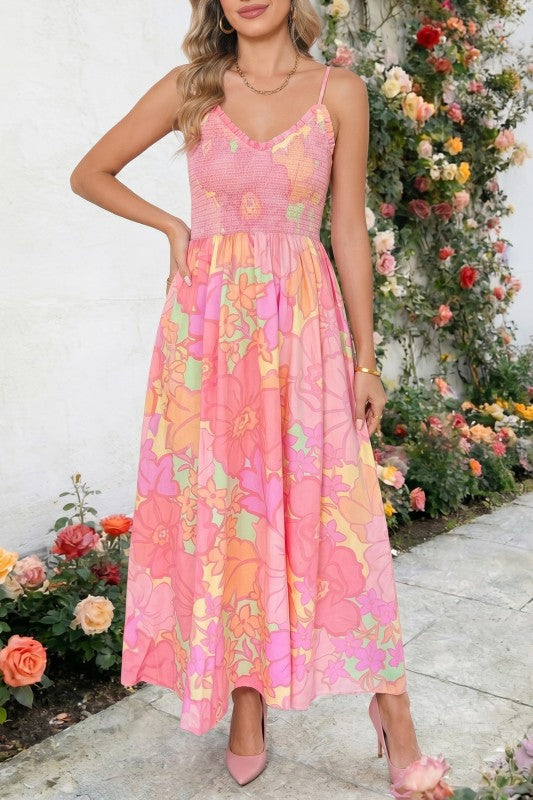 Suzette Smocked Pink Floral Midi Dress