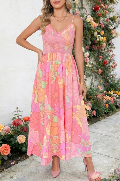 Suzette Smocked Pink Floral Midi Dress