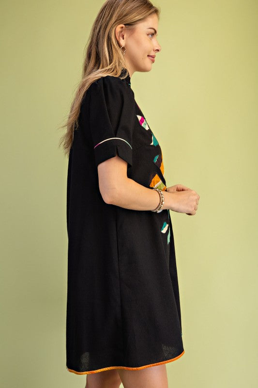 Linen Abstract Embroidered Buttondown Dress