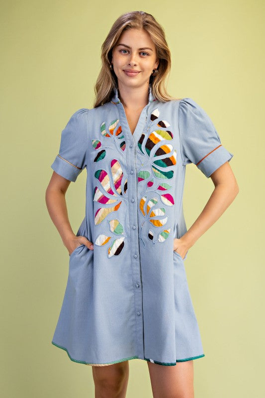 Linen Abstract Embroidered Blue Buttondown Dress