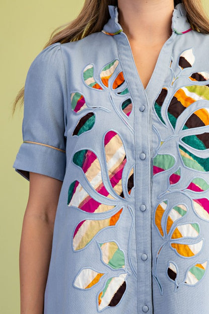 Linen Abstract Embroidered Blue Buttondown Dress