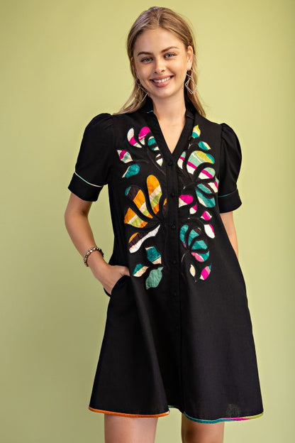 Linen Abstract Embroidered Buttondown Dress