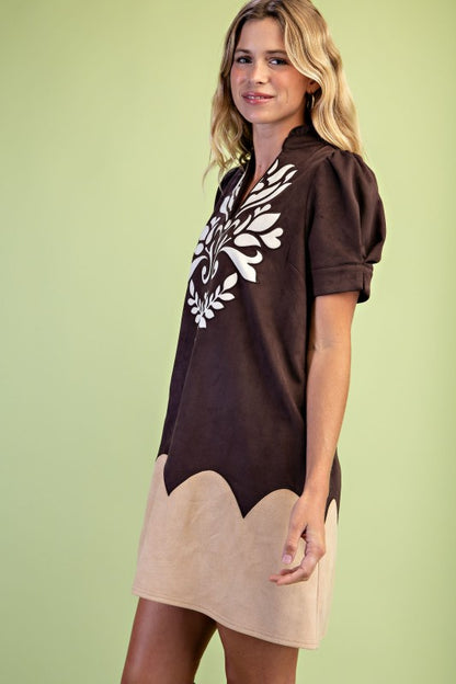 Suede Applique Brown Dress