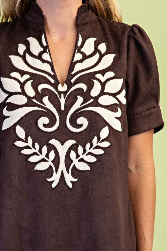 Suede Applique Brown Dress