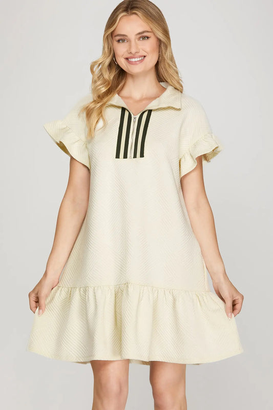 Rhiannon Textured Ruffle Zip Cream Dress