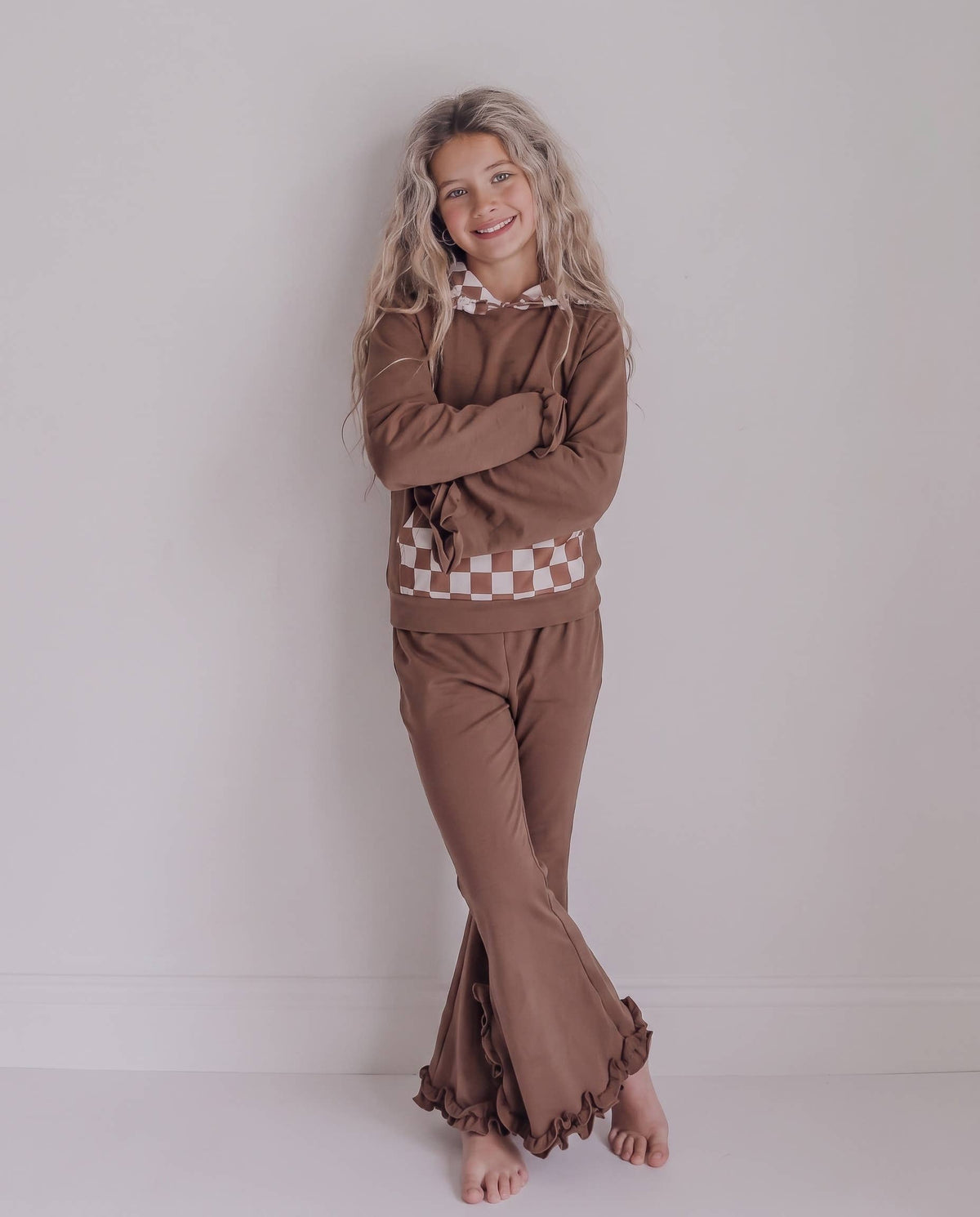 Girls Tan Checkered Pant Set