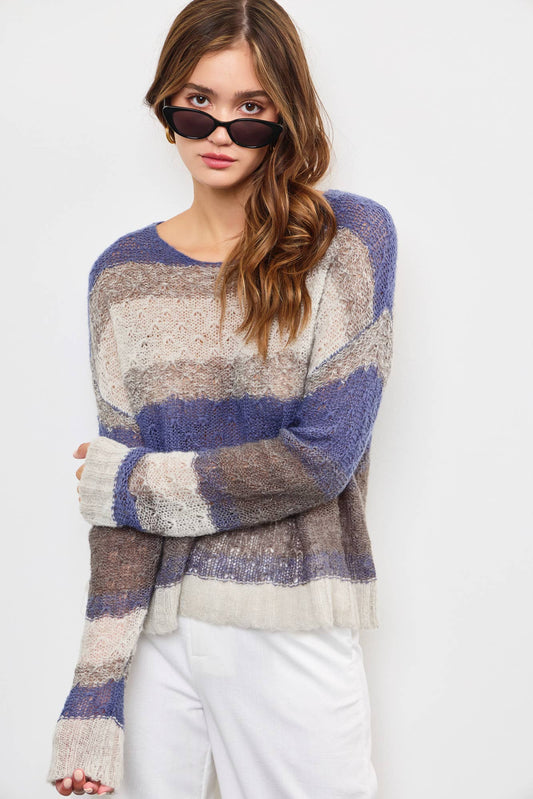 **SALE!** Kaden Blue & Grey Striped Loose Knit Top