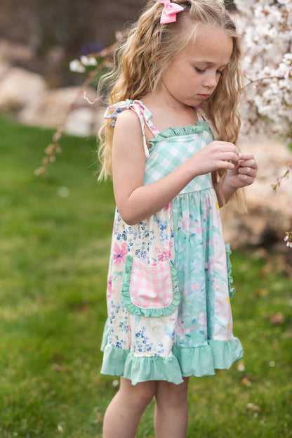 Girls Mint Gingham Pocket Dress