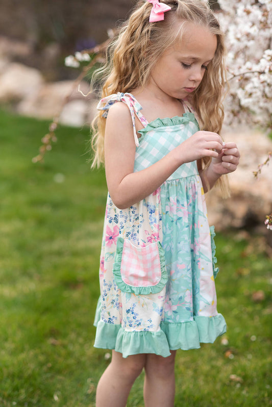 Girls Mint Gingham Pocket Dress