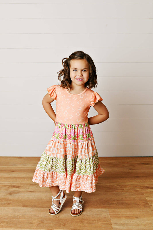 Girls Valine Peach Floral Tiered Dress