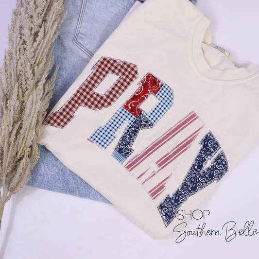 Pray Embroidered Patchwork Ivory Patriotic Tee