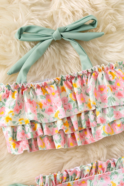 Girls Max Ruffle Floral Green Tie Bikini