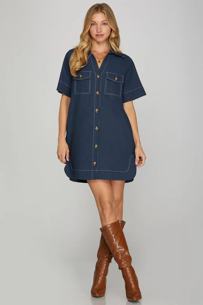 Tempest Contrast Stitch Buttondown Navy Dress