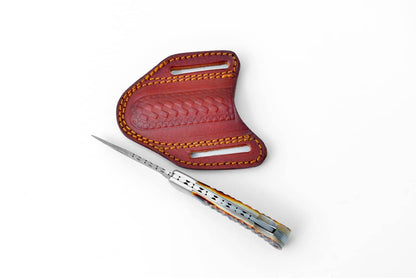 Titan Stag Horn Damascus Folding Knife & Leather Sheath