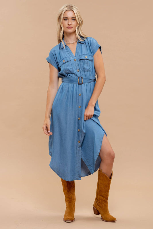 Carlin Chambray Collared Midi Dress