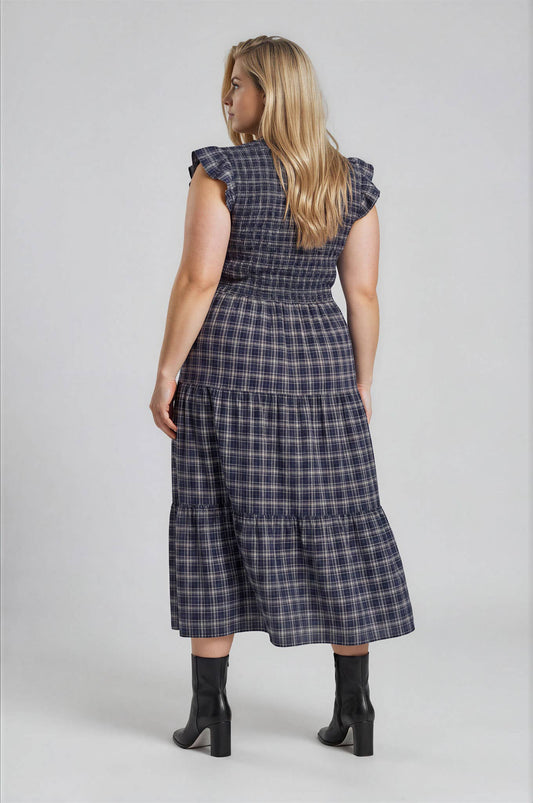 Rita Plaid V-neck Navy Midi Dress (Plus Size Only)