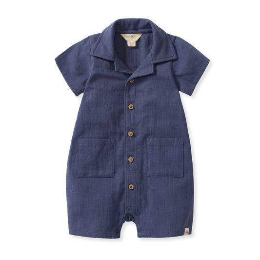 Baby Boys Burt's Bees Gauze Collared Navy Romper