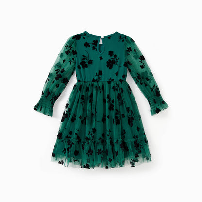 Girls Green & Black Floral Tulle Dress