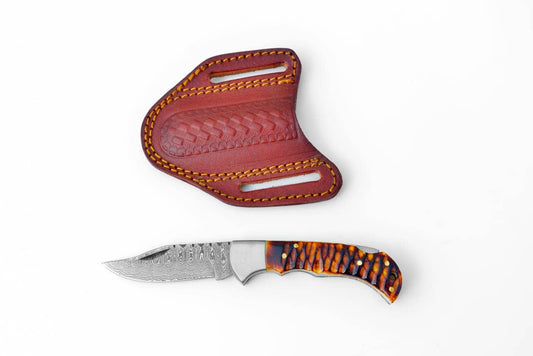 Titan Stag Horn Damascus Folding Knife & Leather Sheath