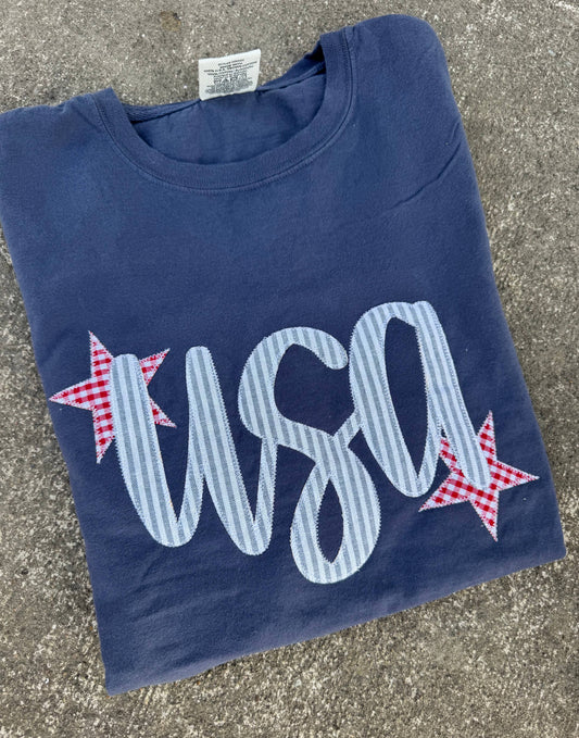 USA Embroidered Patchwork Denim Tee