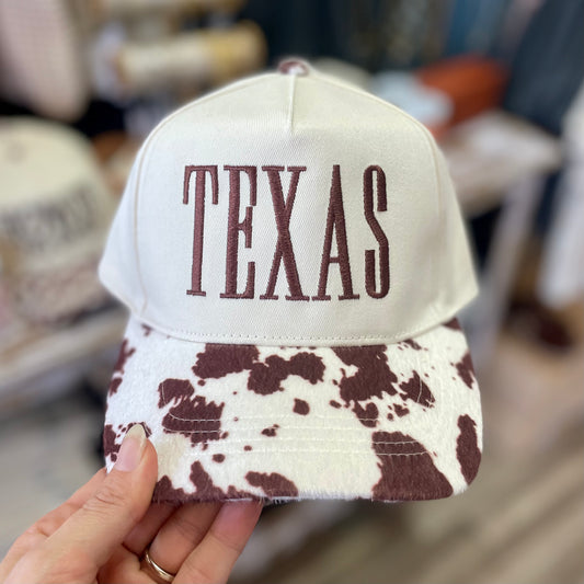 Cow Print Texas Embroidered Brown Stitch Hat