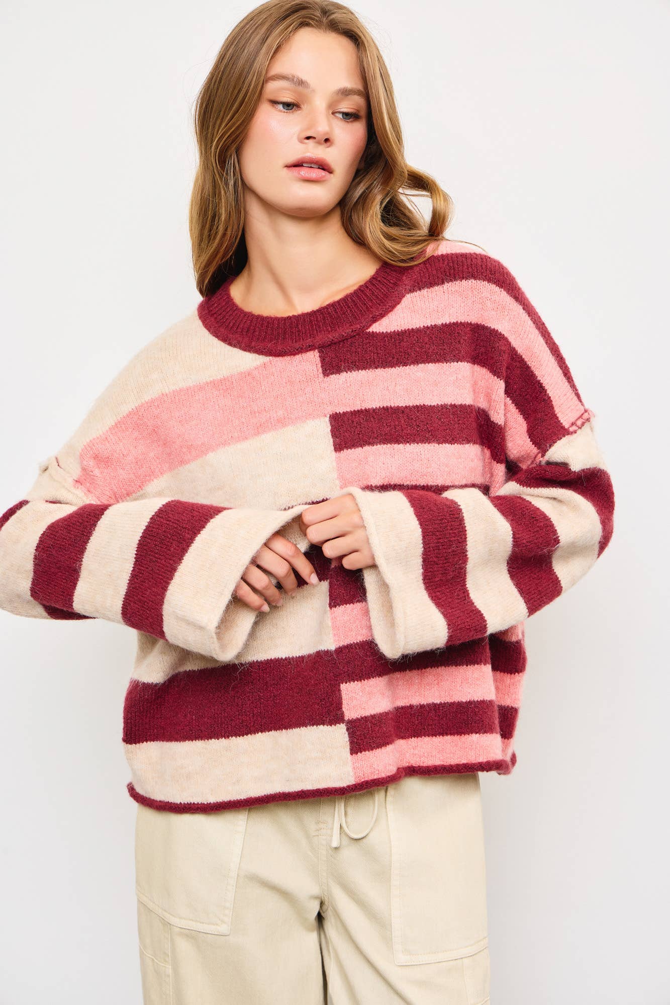Astrid Maroon & Pink Stripe Knit Sweater