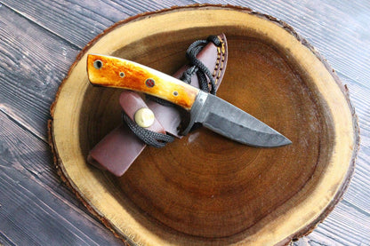Titan Damascus Fixed Blade with Leather Bolster