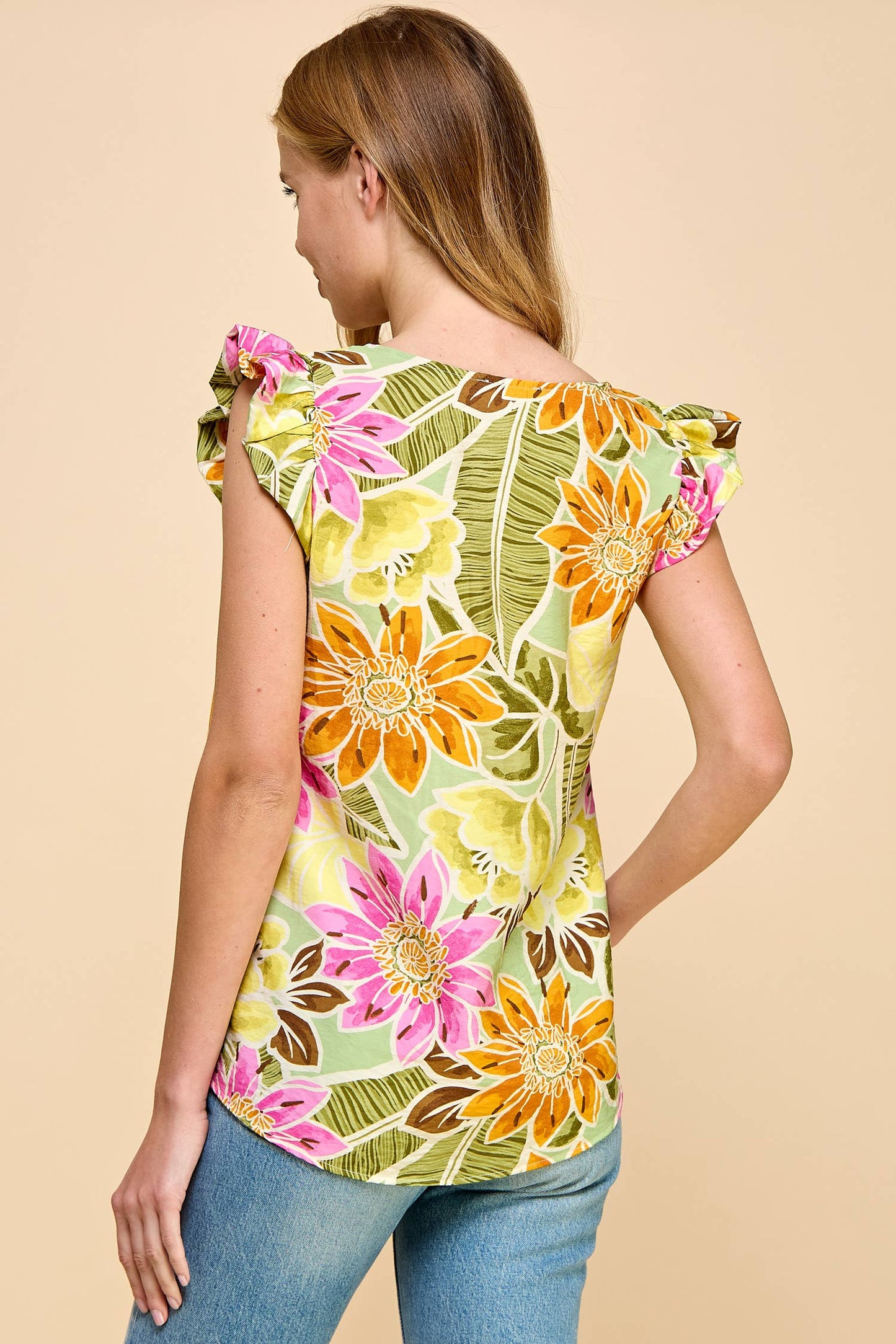 Catalina Tropical Floral Ruffle Sleeve Top