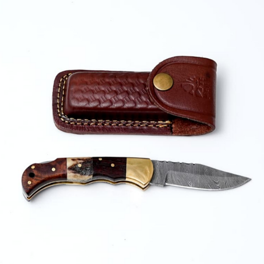 Titan Walnut Stag Folding Knife with Leather Sheath