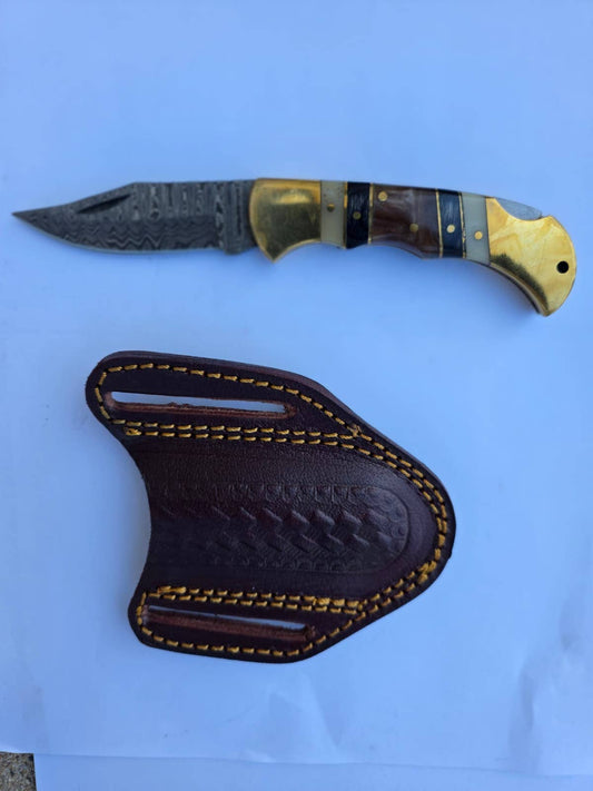 Titan Brass & Bone Damascus Folding Knife & Leather Sheath