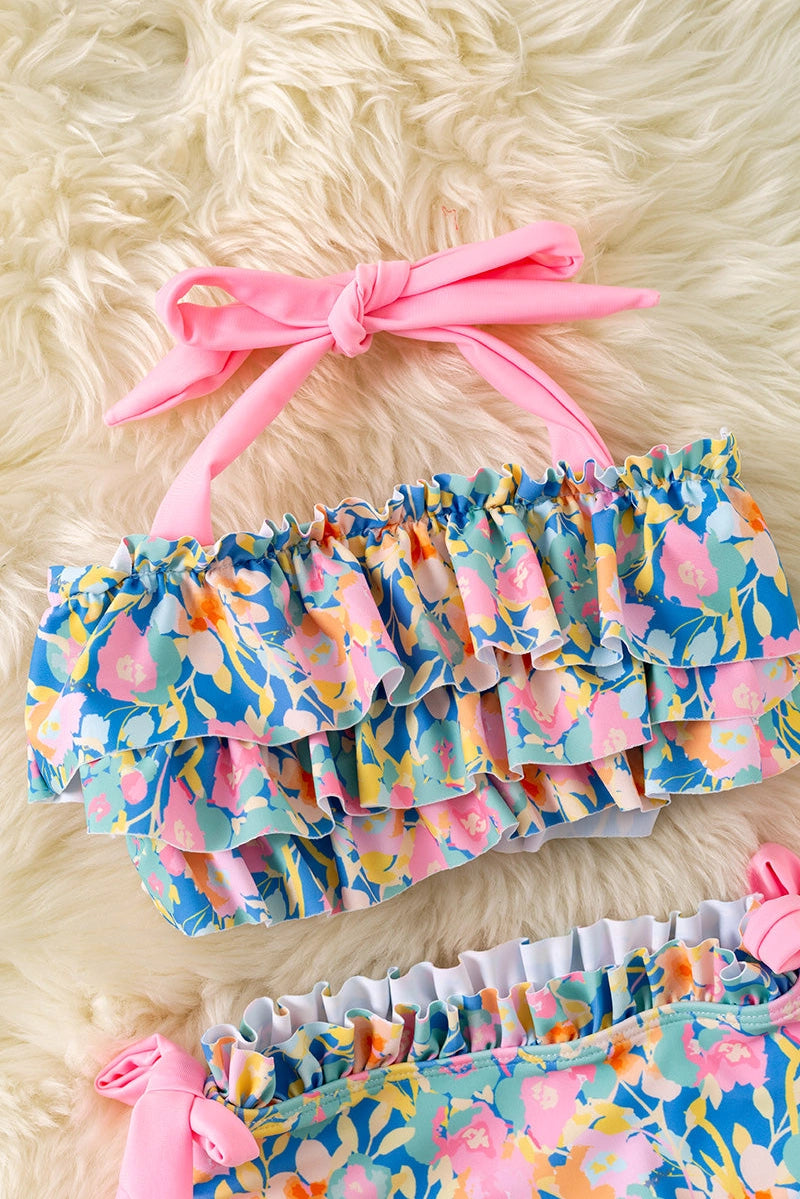 Girls Max Ruffle Floral Pink Tie Bikini