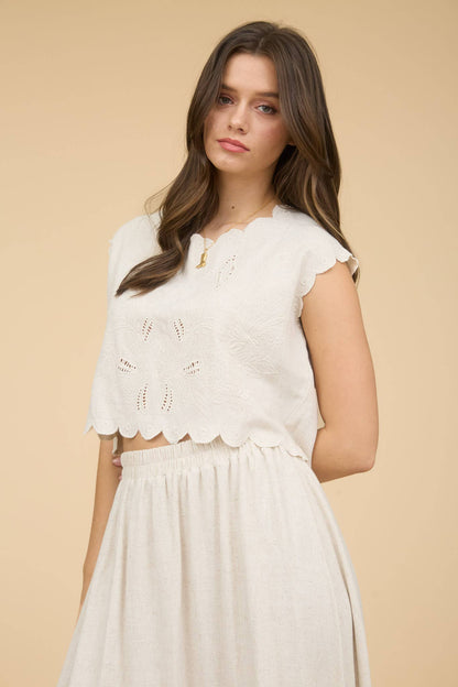 Primrose Eyelet Embroidery Scallop Linen Skirt Set